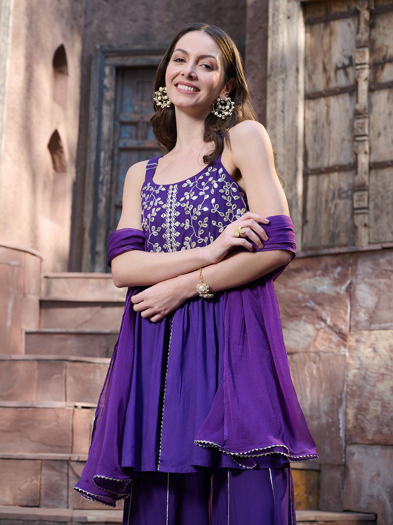 Stylum Women's Violet Solid & Embroidered Rayon Short Kurti Sharara Dupatta Set (KSDVOILSOLO)