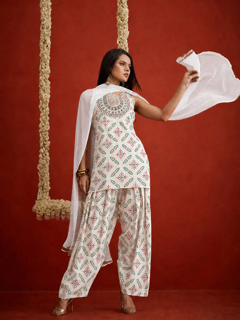 Stylum Women's White Bandhej Printed & Embroidered Rayon Straight Short Kurti Farshi Salwar Dupatta Set (KSDWHITENYCIL)