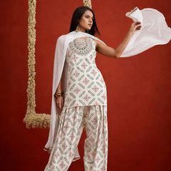 Stylum Women's White Bandhej Printed & Embroidered Rayon Straight Short Kurti Farshi Salwar Dupatta Set (KSDWHITENYCIL)