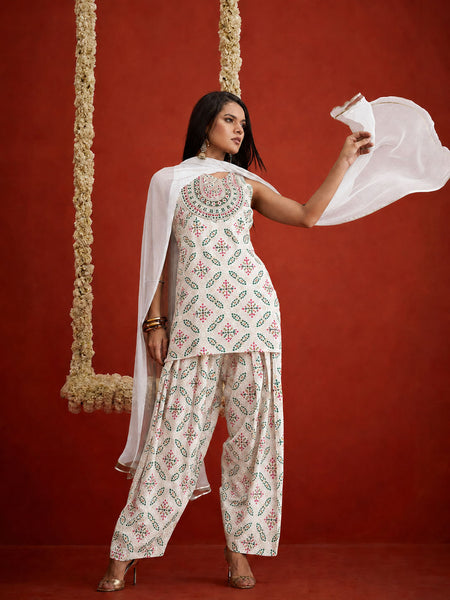 Stylum Women's White Bandhej Printed & Embroidered Rayon Straight Short Kurti Farshi Salwar Dupatta Set (KSDWHITENYCIL)