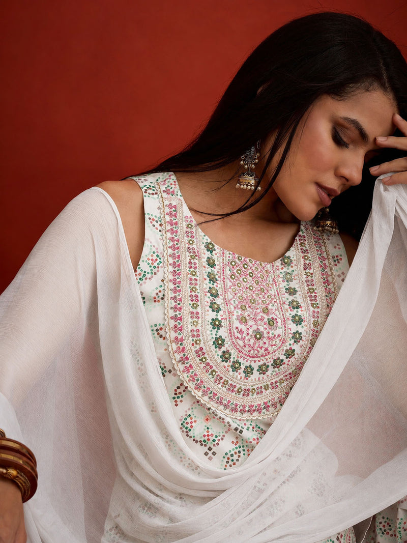 Stylum Women's White Bandhej Printed & Embroidered Rayon Straight Short Kurti Farshi Salwar Dupatta Set (KSDWHITENYCIL)