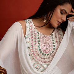 Stylum Women's White Bandhej Printed & Embroidered Rayon Straight Short Kurti Farshi Salwar Dupatta Set (KSDWHITENYCIL)