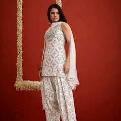 Stylum Women's White Bandhej Printed & Embroidered Rayon Straight Short Kurti Farshi Salwar Dupatta Set (KSDWHITENYCIL)