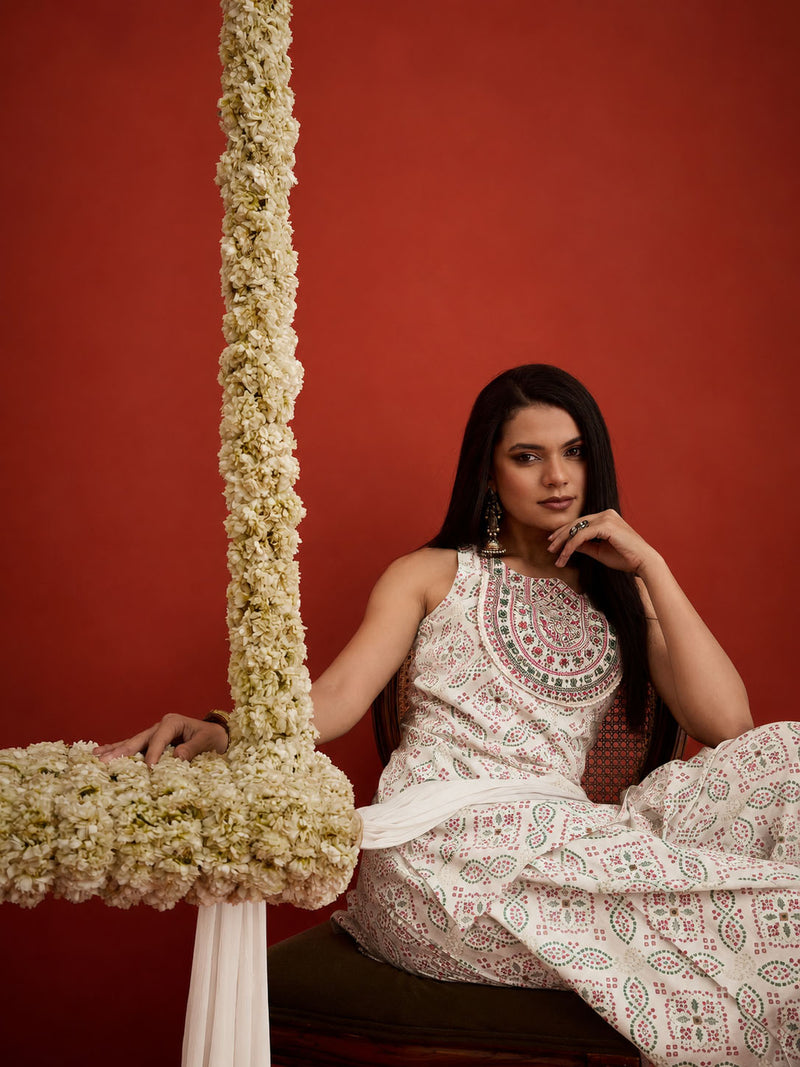 Stylum Women's White Bandhej Printed & Embroidered Rayon Straight Short Kurti Farshi Salwar Dupatta Set (KSDWHITENYCIL)