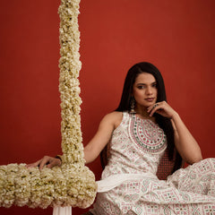 Stylum Women's White Bandhej Printed & Embroidered Rayon Straight Short Kurti Farshi Salwar Dupatta Set (KSDWHITENYCIL)