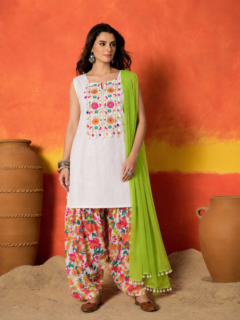 Stylum Women's White Solid & Embroidered Pure Cotton Straight Kurti Farshi Salwar With Dupatta (KSDWHITEORPAT)