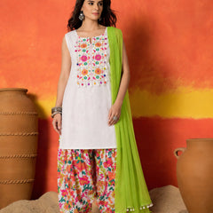 Stylum Women's White Solid & Embroidered Pure Cotton Straight Kurti Farshi Salwar With Dupatta (KSDWHITEORPAT)