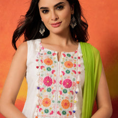 Stylum Women's White Solid & Embroidered Pure Cotton Straight Kurti Farshi Salwar With Dupatta (KSDWHITEORPAT)