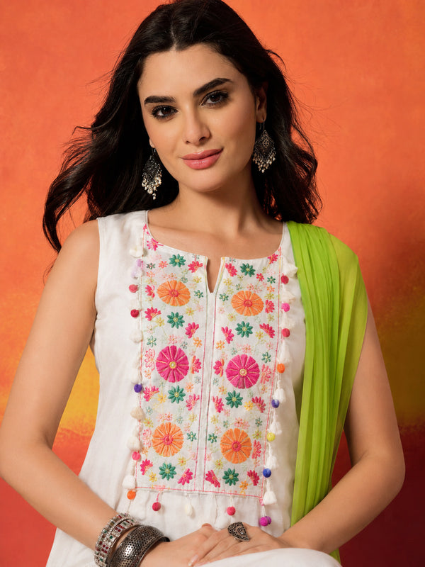 Stylum Women's White Solid & Embroidered Pure Cotton Straight Kurti Farshi Salwar With Dupatta (KSDWHITEORPAT)