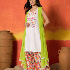 Stylum Women's White Solid & Embroidered Pure Cotton Straight Kurti Farshi Salwar With Dupatta (KSDWHITEORPAT)