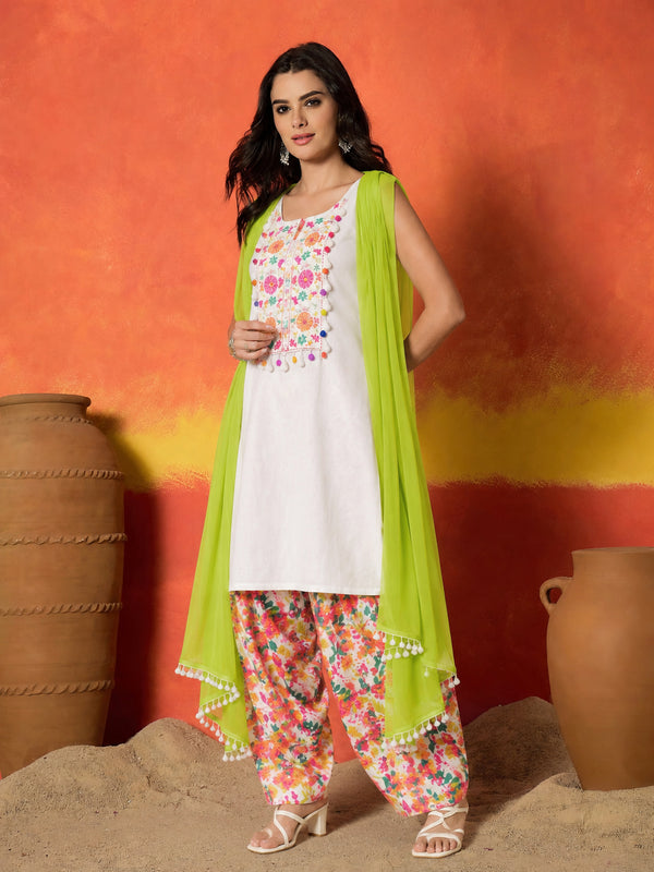 Stylum Women's White Solid & Embroidered Pure Cotton Straight Kurti Farshi Salwar With Dupatta (KSDWHITEORPAT)