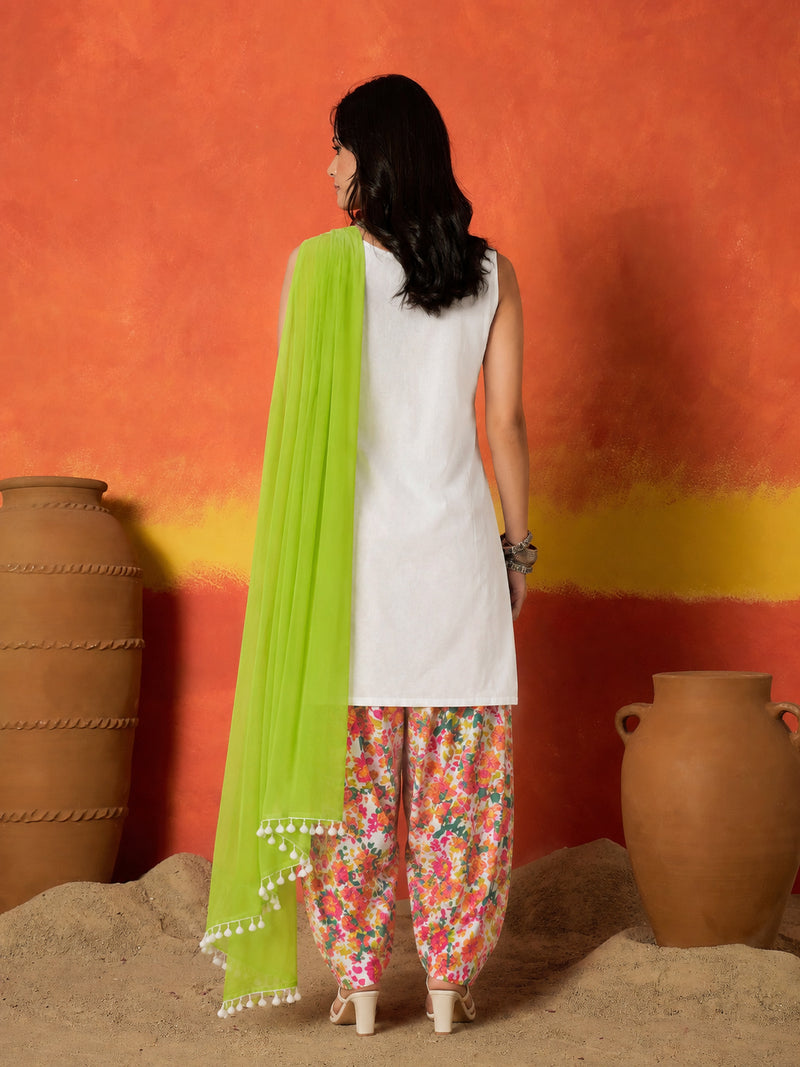 Stylum Women's White Solid & Embroidered Pure Cotton Straight Kurti Farshi Salwar With Dupatta (KSDWHITEORPAT)