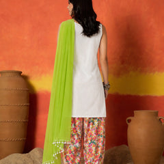 Stylum Women's White Solid & Embroidered Pure Cotton Straight Kurti Farshi Salwar With Dupatta (KSDWHITEORPAT)