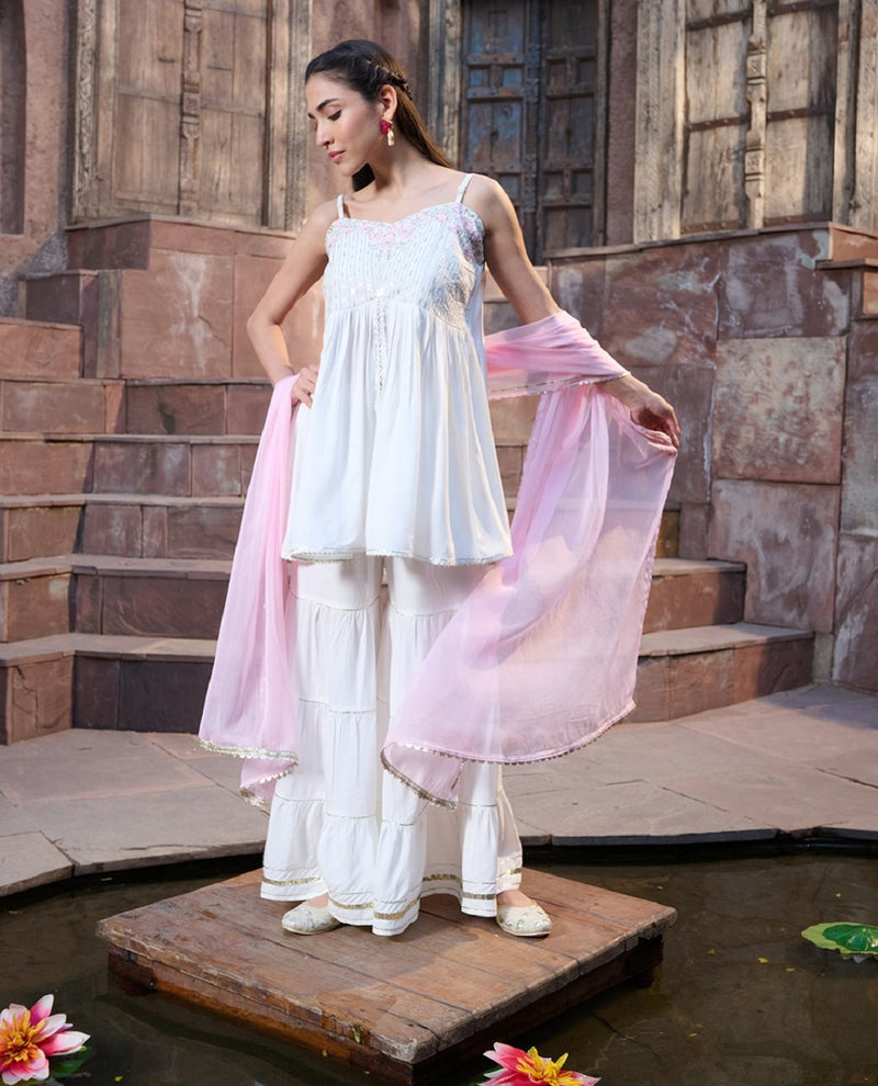 Stylum Women's White Solid & Embroidered Rayon Short Kurti Sharara Dupatta Set (KSDWHITEROLL)