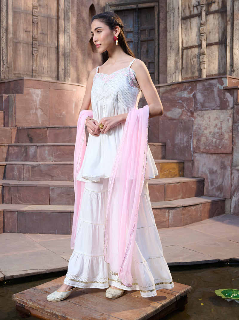 Stylum Women's White Solid & Embroidered Rayon Short Kurti Sharara Dupatta Set (KSDWHITEROLL)