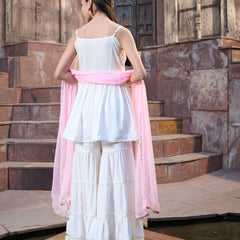 Stylum Women's White Solid & Embroidered Rayon Short Kurti Sharara Dupatta Set (KSDWHITEROLL)