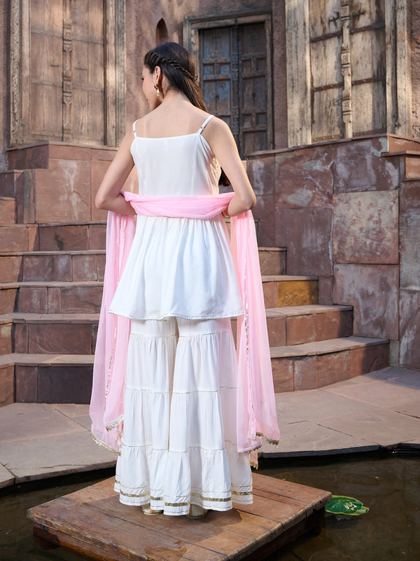 Stylum Women's White Solid & Embroidered Rayon Short Kurti Sharara Dupatta Set (KSDWHITEROLL)