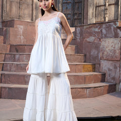 Stylum Women's White Solid & Embroidered Rayon Short Kurti Sharara Dupatta Set (KSDWHITEROLL)