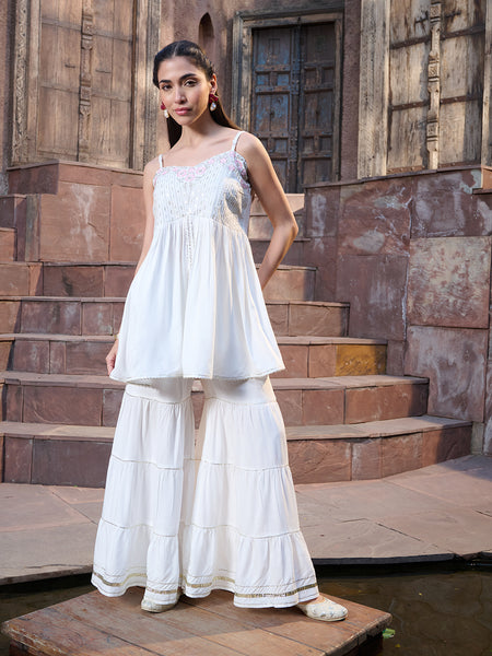 Stylum Women's White Solid & Embroidered Rayon Short Kurti Sharara Dupatta Set (KSDWHITEROLL)