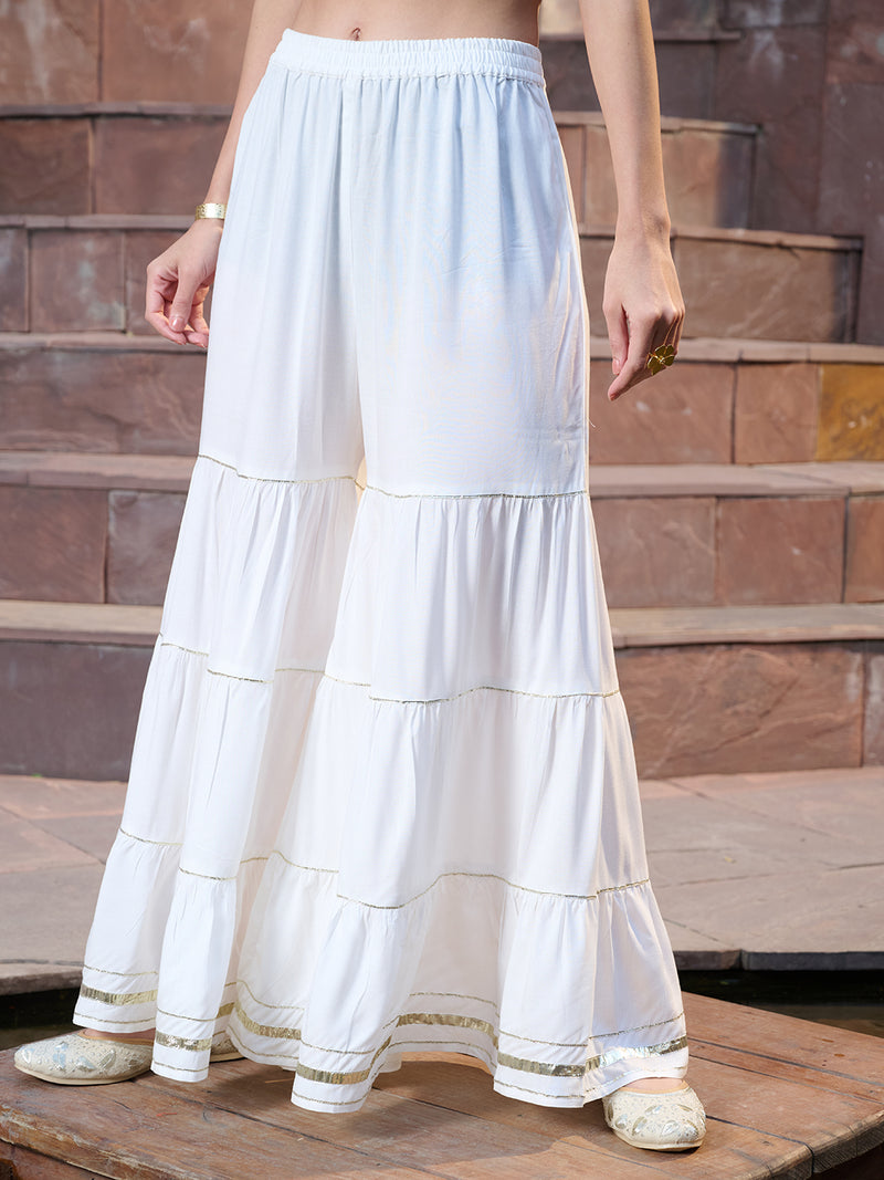 Stylum Women's White Solid & Embroidered Rayon Short Kurti Sharara Dupatta Set (KSDWHITEROLL)