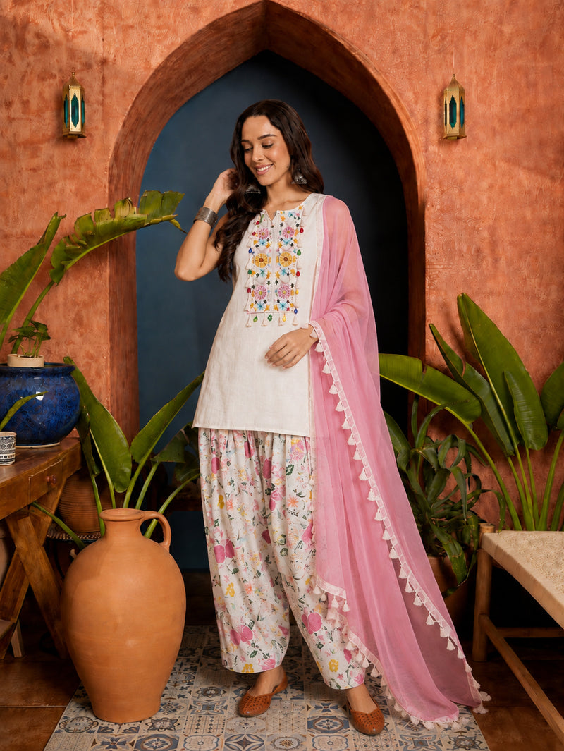 Stylum Women's White Solid & Embroidered Pure Cotton Straight Kurti Farshi Salwar With Dupatta (KSDWHITETOING)