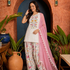 Stylum Women's White Solid & Embroidered Pure Cotton Straight Kurti Farshi Salwar With Dupatta (KSDWHITETOING)