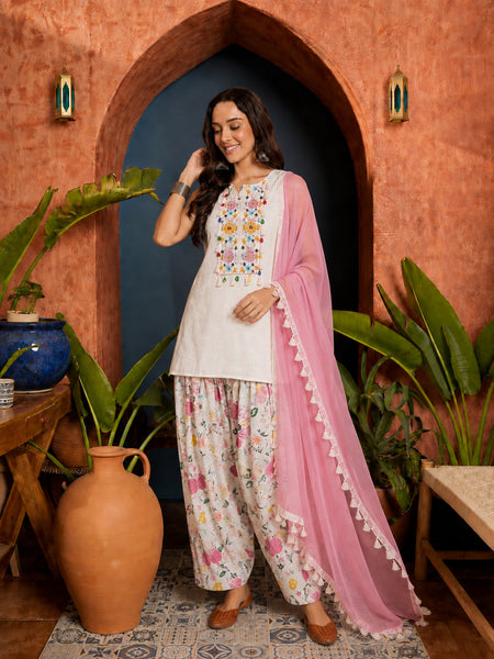 Stylum Women's White Solid & Embroidered Pure Cotton Straight Kurti Farshi Salwar With Dupatta (KSDWHITETOING)