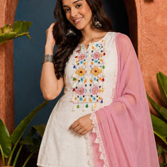 Stylum Women's White Solid & Embroidered Pure Cotton Straight Kurti Farshi Salwar With Dupatta (KSDWHITETOING)
