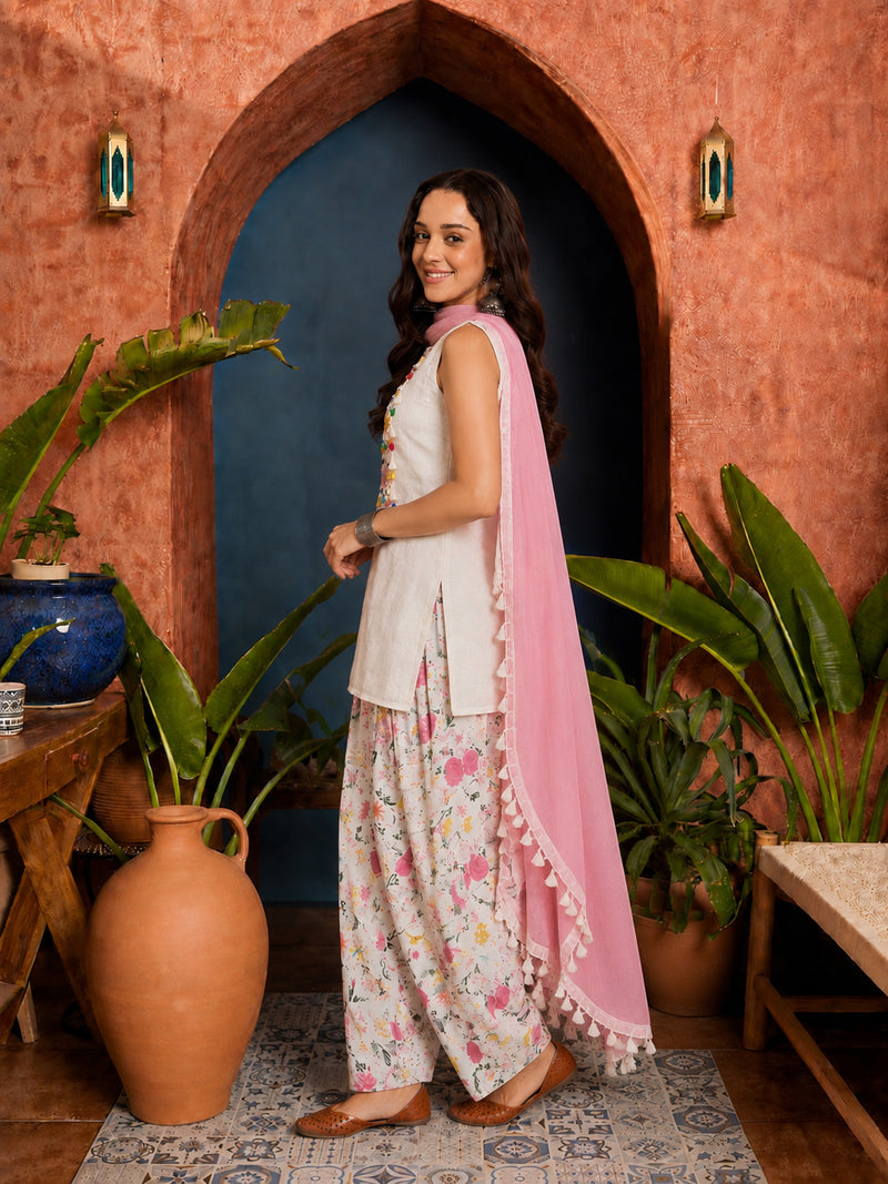 Stylum Women's White Solid & Embroidered Pure Cotton Straight Kurti Farshi Salwar With Dupatta (KSDWHITETOING)