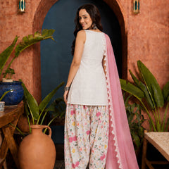 Stylum Women's White Solid & Embroidered Pure Cotton Straight Kurti Farshi Salwar With Dupatta (KSDWHITETOING)