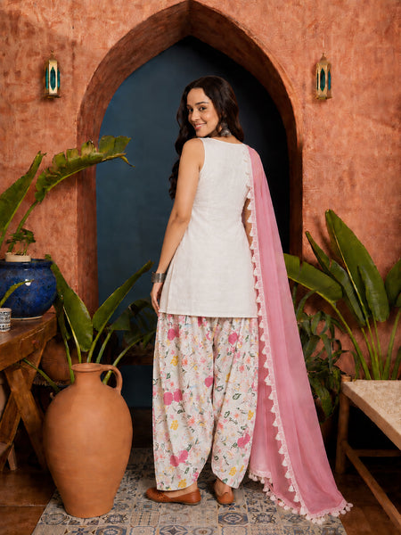 Stylum Women's White Solid & Embroidered Pure Cotton Straight Kurti Farshi Salwar With Dupatta (KSDWHITETOING)