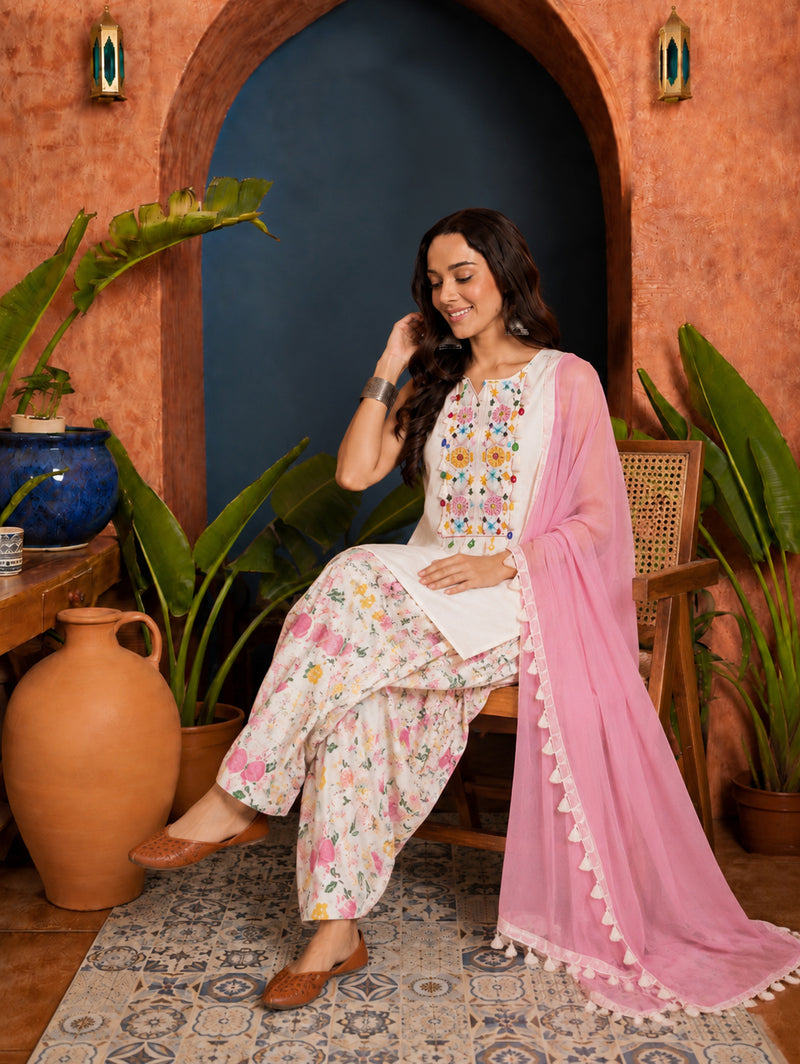 Stylum Women's White Solid & Embroidered Pure Cotton Straight Kurti Farshi Salwar With Dupatta (KSDWHITETOING)