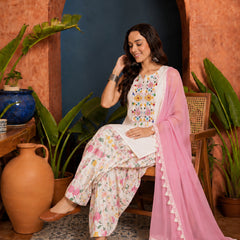 Stylum Women's White Solid & Embroidered Pure Cotton Straight Kurti Farshi Salwar With Dupatta (KSDWHITETOING)