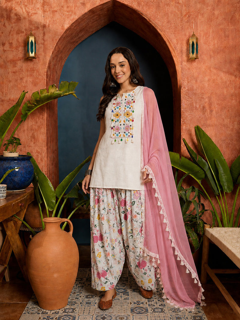 Stylum Women's White Solid & Embroidered Pure Cotton Straight Kurti Farshi Salwar With Dupatta (KSDWHITETOING)