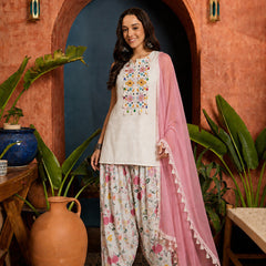 Stylum Women's White Solid & Embroidered Pure Cotton Straight Kurti Farshi Salwar With Dupatta (KSDWHITETOING)