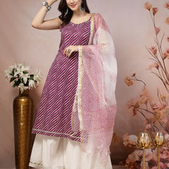 Stylum Women's Wine Lehariya Printed Cotton Straight Kurta Sharara Dupatta Set (KSDWINESURMA)