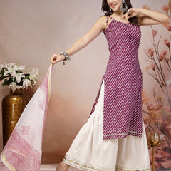 Stylum Women's Wine Lehariya Printed Cotton Straight Kurta Sharara Dupatta Set (KSDWINESURMA)