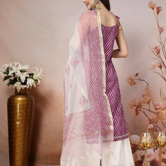 Stylum Women's Wine Lehariya Printed Cotton Straight Kurta Sharara Dupatta Set (KSDWINESURMA)