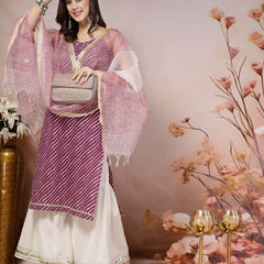 Stylum Women's Wine Lehariya Printed Cotton Straight Kurta Sharara Dupatta Set (KSDWINESURMA)