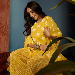 Stylum Women's Yellow Floral Printed Pure Cotton Straight Kurti Farshi Salwar With Dupatta (KSDYELLOWMAGPIE)