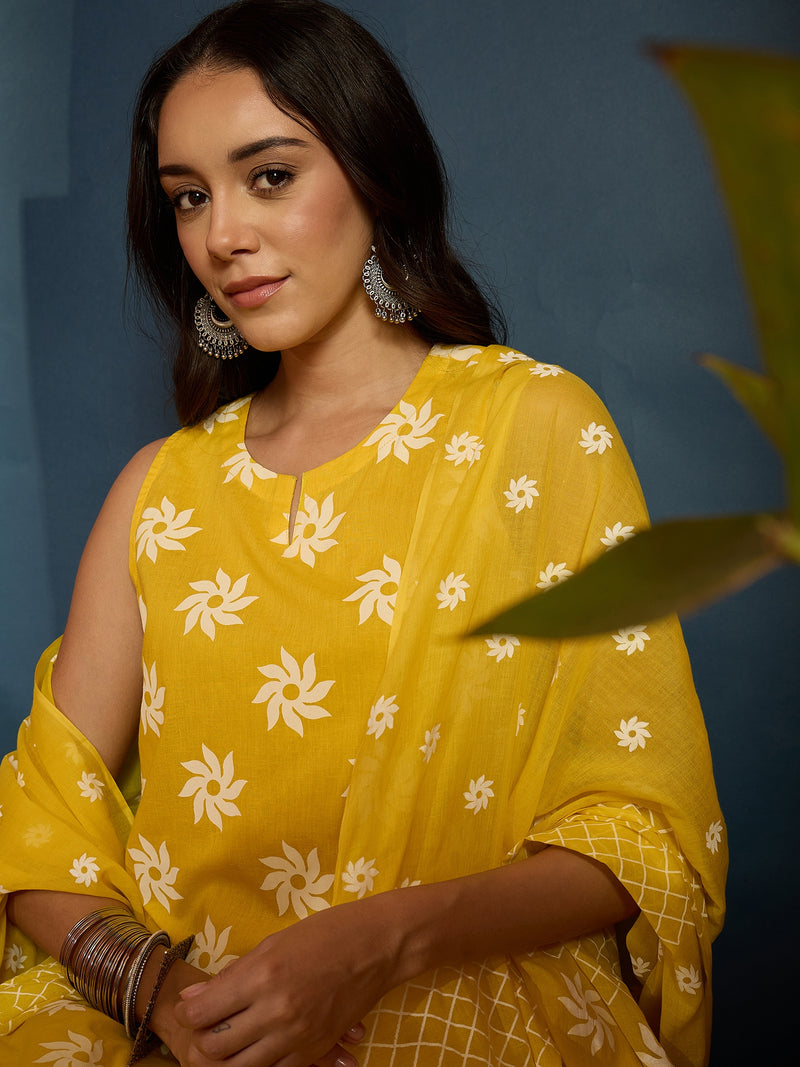 Stylum Women's Yellow Floral Printed Pure Cotton Straight Kurti Farshi Salwar With Dupatta (KSDYELLOWMAGPIE)