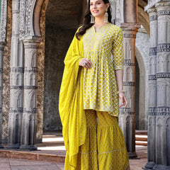 Stylum Women's Geomatric Printed & Embroidered Rayon Pleated Kurta Sharara Dupatta Set (KSDYELLOWPAKHI)