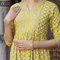 Stylum Women's Geomatric Printed & Embroidered Rayon Pleated Kurta Sharara Dupatta Set (KSDYELLOWPAKHI)