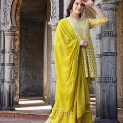 Stylum Women's Geomatric Printed & Embroidered Rayon Pleated Kurta Sharara Dupatta Set (KSDYELLOWPAKHI)