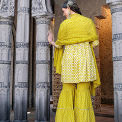 Stylum Women's Geomatric Printed & Embroidered Rayon Pleated Kurta Sharara Dupatta Set (KSDYELLOWPAKHI)