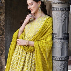 Stylum Women's Geomatric Printed & Embroidered Rayon Pleated Kurta Sharara Dupatta Set (KSDYELLOWPAKHI)