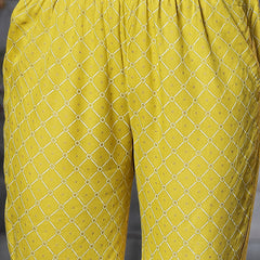 Stylum Women's Geomatric Printed & Embroidered Rayon Pleated Kurta Sharara Dupatta Set (KSDYELLOWPAKHI)