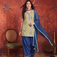 Stylum Women's Yellow Floral Printed Cotton Straight Short Kurti Farshi Salwar Dupatta Set (KSDYELLOWTARA)