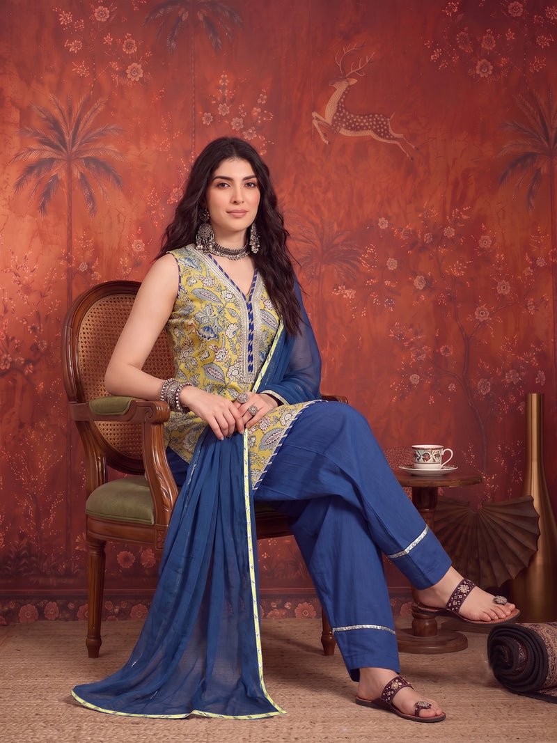 Stylum Women's Yellow Floral Printed Cotton Straight Short Kurti Farshi Salwar Dupatta Set (KSDYELLOWTARA)