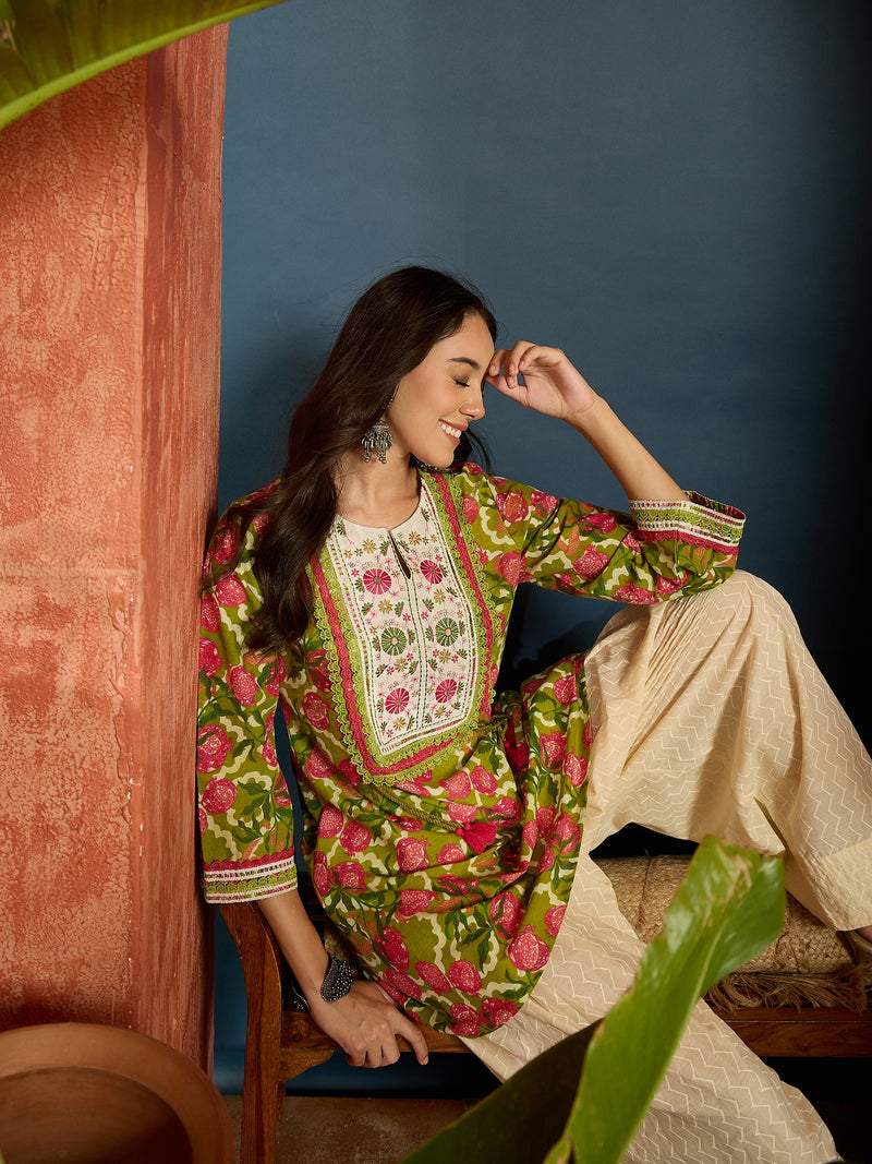 Stylum Women's Green Floral Printed & Embroidered Cotton A-Line Short Kurti With Farshi Salwar (KSGREENGILORI)